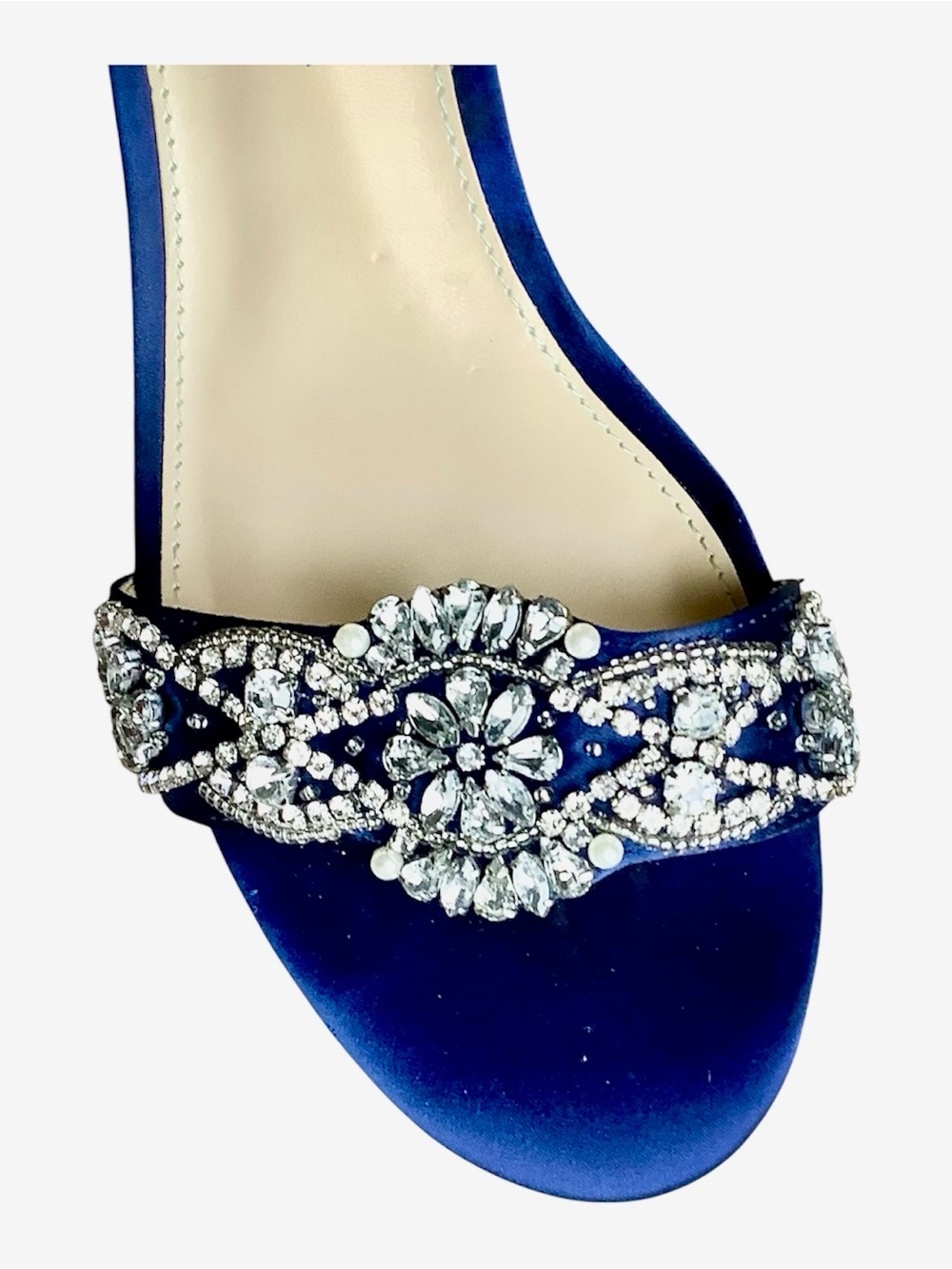 Betsy Johnson Navy Satin Rhinestone Ankle-Strap Chunk Sandals Women 7.5 #Prom
